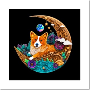 Corgi Dog in Space on Crescent Moon Planets Stars Cute Art Digital Painting Posters and Art